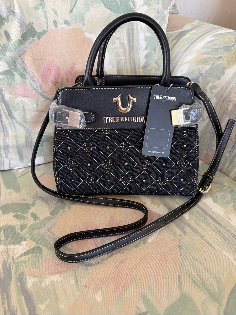 True Religion Studded Denim Black Tote Bag Satchel Crossbody Gold Horseshoe NWT
